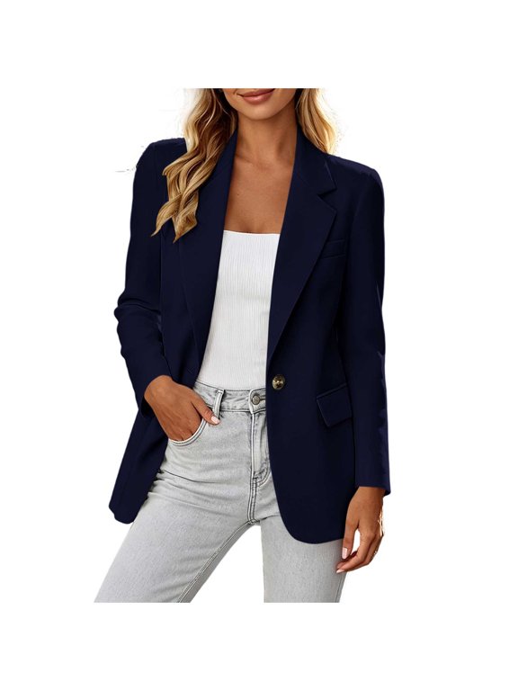 Blazer for Women Casual Business Work Tops Lapel Collar Long Sleeve Button Down Solid Office Blazer Jacket with Pockets Navy L