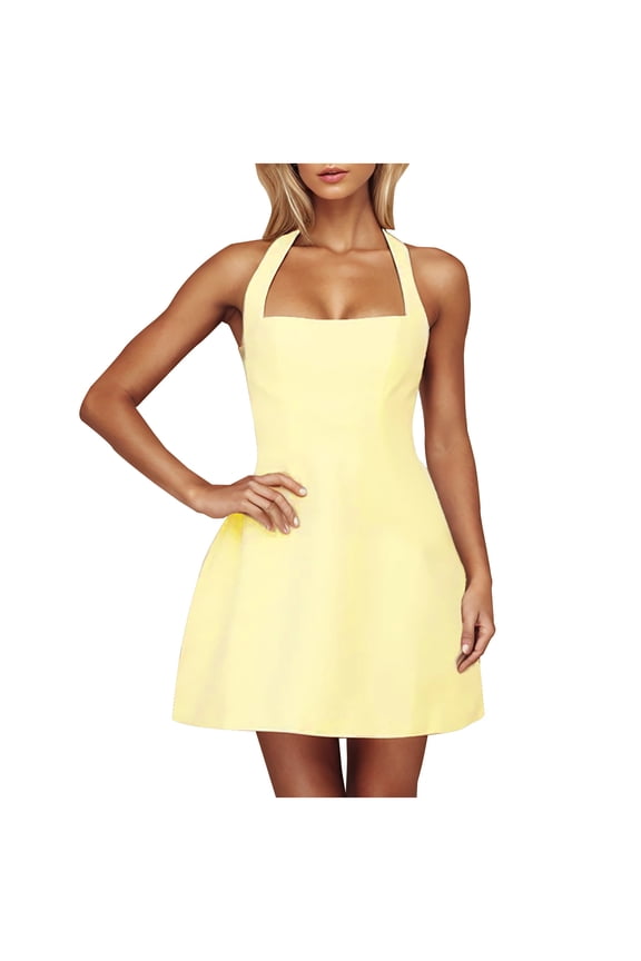 Casual Halter Neck Dress for Women Square Neck Sleeveless Solid Color Fashion Party Vacation Cocktail Club Night Out Dress, Yellow L