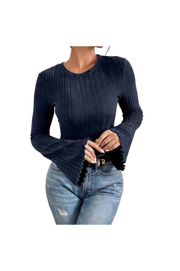 Casual Long Sleeve Tops for Women V Neck Blouse Flare Sleeve Loose Fit Fashion Basic Comfy Solid Color, Navy M