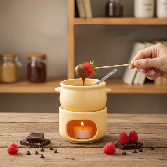 Staron Ceramic Chocolate Fondue Pot Set, Heatproof Melting Bowl with Burner for Dessert, Chocolate Cheese Fondue Pot Set for Home Kitchen Includes Forks, Yellow