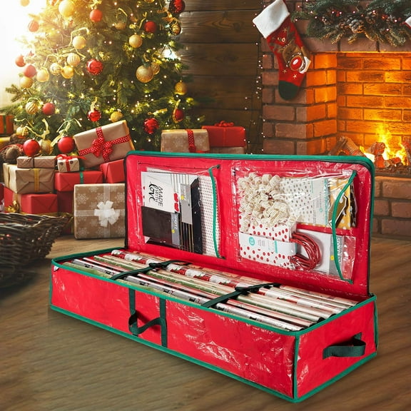 Staron Christmas Wrapping Paper Storage Bag, 41" Durable PE Gift Wrapping Organizer Storage Wrapping Paper Storage Containers with Flexible Partitions for Ribbon, Accessories