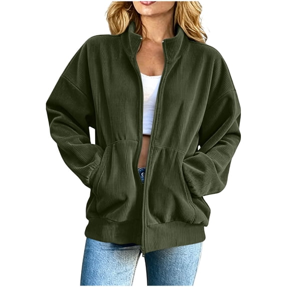 Staron Corduroy Jacket for Women Stand Collar Zip Up Long Sleeve Loose Oversized Casual Comfy Basic Travel Workout Coat, Army Green XXL