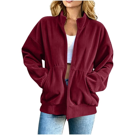 Staron Corduroy Jacket for Women Stand Collar Zip Up Long Sleeve Loose Oversized Casual Comfy Basic Travel Workout Coat, Wine XXL