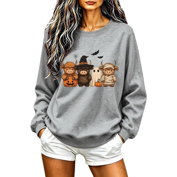 Staron Cute Halloween Sweaters for Women Round Neck Long Sleeve Loose Casual Oversized Fall Tops Gray XS
