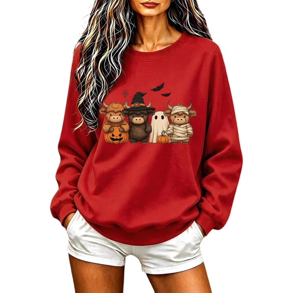 Staron Cute Halloween Sweaters for Women Round Neck Long Sleeve Loose Casual Oversized Fall Tops Red S