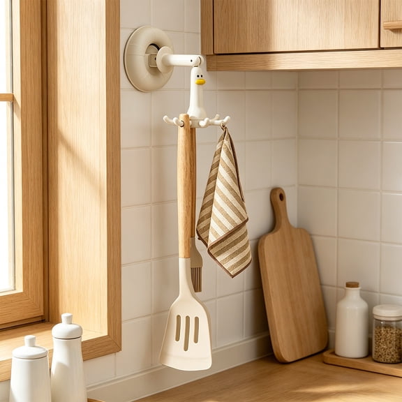Staron Duck Shaped Suction Cup Hook, 360 Degree Swivel Utensil Holder, Kitchen Spatula Spoon Organizer for Tiles Glass Stainless Steel, White