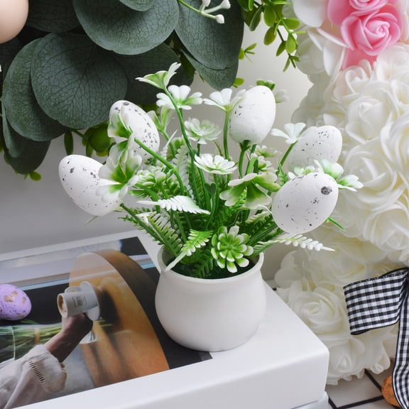 Staron Easter Speckled Egg Artificial, Mini Potted Easter Decor with Faux Speckled Eggs, Easter Centerpiece for Table Mantel Basket Long Lasting Festive Decorations, White