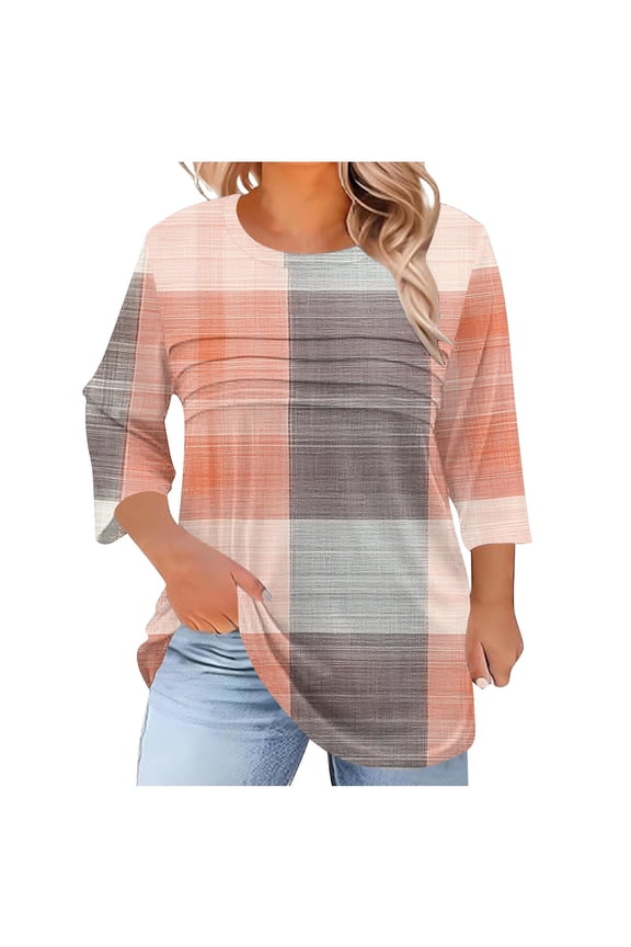 Fall Tops for Women 3/4 Sleeve Blouse Crewneck Pleated Tunic Casual Loose Plus Size Shirt, Red XXL