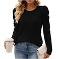 thumbnail image 1 of Staron Fall Winter Sweaters for Women Casual Pullover Ribbed Puff Sleeve Round Neck Long Sleeve Solid Slim Knitted Tops, Black L, 1 of 7
