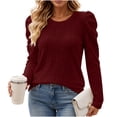 thumbnail image 1 of Staron Fall Winter Sweaters for Women Casual Pullover Ribbed Puff Sleeve Round Neck Long Sleeve Solid Slim Knitted Tops, Wine M, 1 of 7