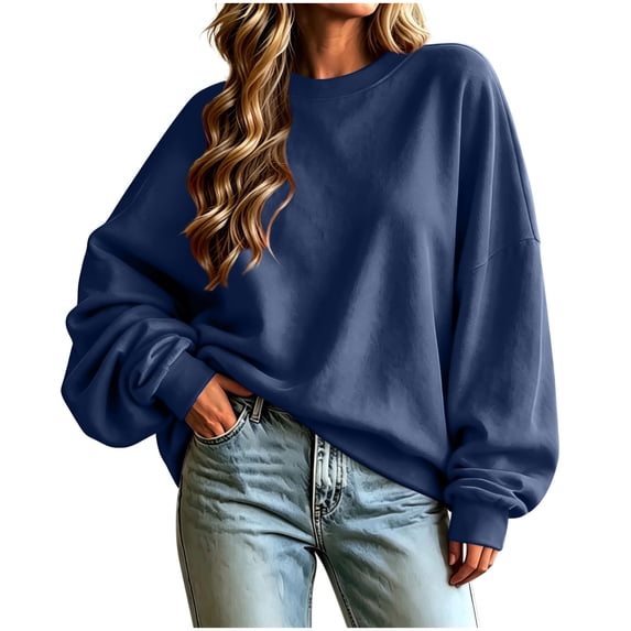 Staron Fall Winter Sweaters for Women Chunky Knit Loose Round Neck Long Sleeve Casual Oversized Comfy Pullover Tops, Navy M