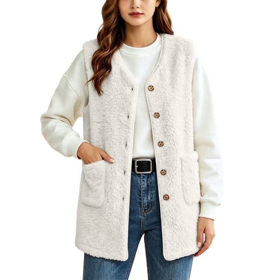 Staron Fall Winter Vests for Women Casual Sleeveless Solid Crew Neck Loose Comfy Basic Outerwear Warm Faux Fur Lightweight Fashion, Beige S