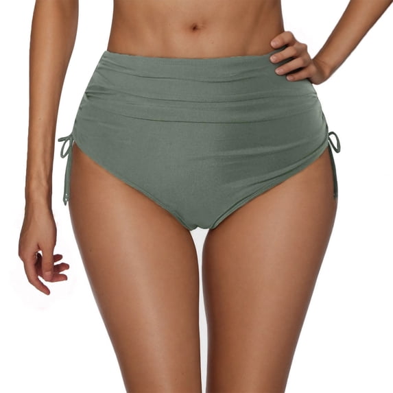 Staron High Waisted Swimsuit Bottoms for Women Drawstring Pleated Triangle Bikini Panties Beach Vacation Pool Party, Army Green XL
