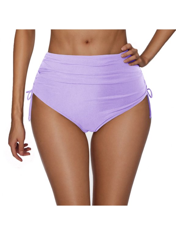 High Waisted Swimsuit Bottoms for Women Drawstring Pleated Triangle Bikini Panties Beach Vacation Pool Party, Purple M