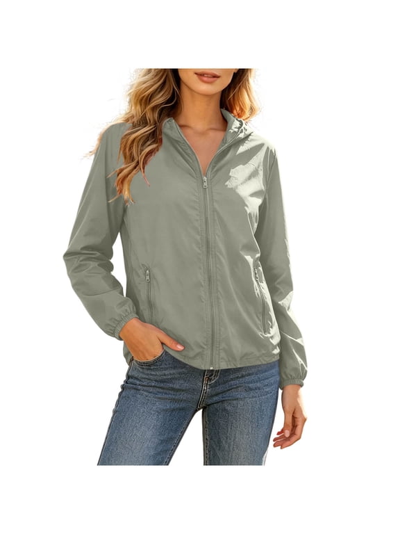 Hooded Jacket for Women Sun Protection Full Zip Up Loose Casual Sports Travel Vacation Workout Long Sleeve High Neck Smocked Cuffs Zipper Pockets Solid Basic Jacket, Gray 3XL