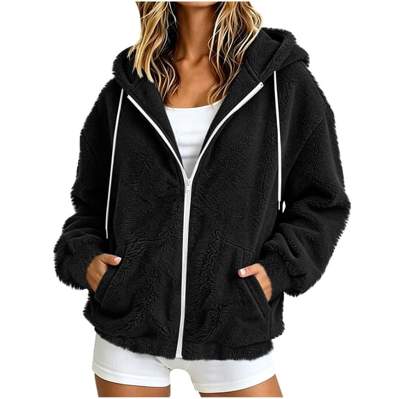Staron Hoodies for Women Zip Up Hooded Soft Casual Comfy Loose Long Sleeve Solid Basic Fleece Jacket Coat Black S