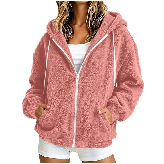 Staron Hoodies for Women Zip Up Hooded Soft Casual Comfy Loose Long Sleeve Solid Basic Fleece Jacket Coat Pink S