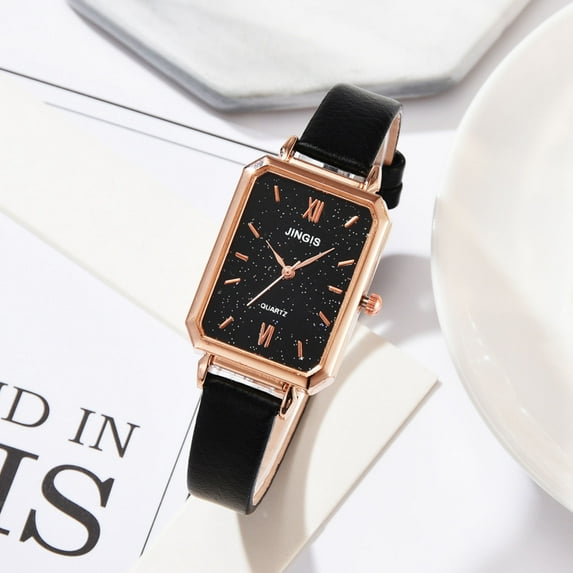 Staron Ladies Quartz Watch, Rectangular Face Leather Strap Timepiece, Casual Analog Wristwatch for Women