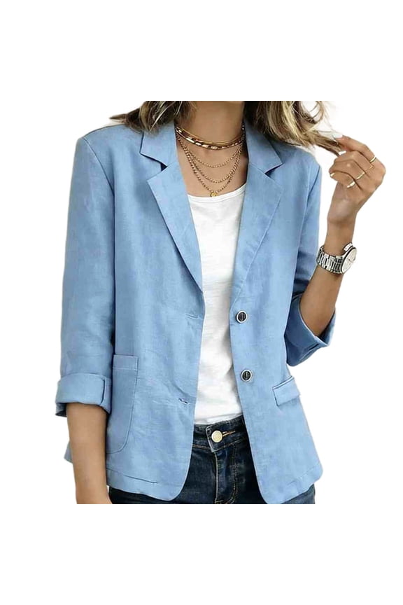Linen Blazer for Women Casual Button Down Notched Collar 3/4 Sleeve Loose Fit Business Work Jacket with Pockets, Light Blue M