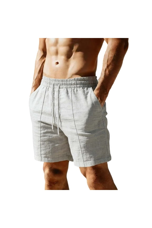 Men's Casual Linen Shorts with Pockets Drawstring Loose Fit Solid Color Comfortable Relaxed Summer, Gray S
