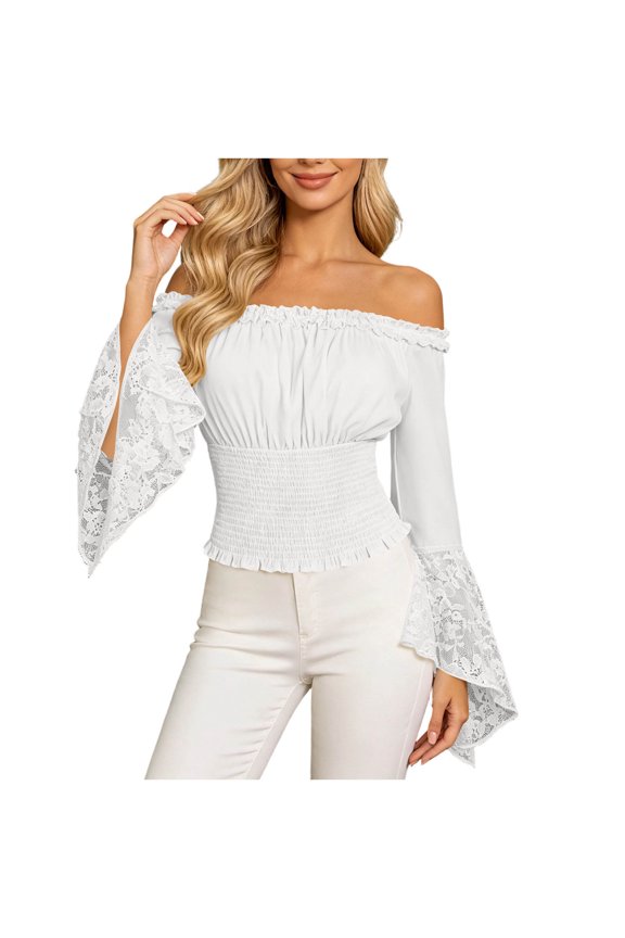 Off Shoulder Tops for Women Long Sleeve Lace Ruffle Smocked Elegant Casual Party Cocktail Evening Wedding Guest Blouse Summer Spring, White M