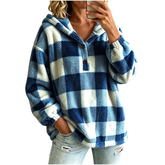 Staron Plaid Hoodies for Women Casual Oversized Long Sleeve Hooded Sweatshirt Button Down Checkered Patterned Loose Comfy Fall Winter Coat Cardigan Jacket Blue S