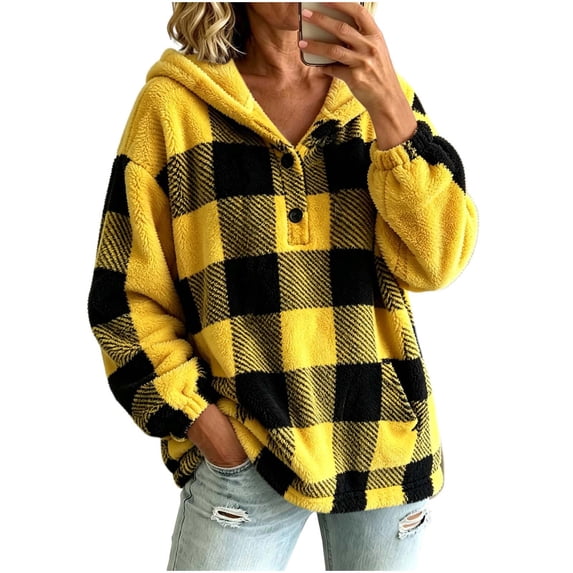 Staron Plaid Hoodies for Women Casual Oversized Long Sleeve Hooded Sweatshirt Button Down Checkered Patterned Loose Comfy Fall Winter Coat Cardigan Jacket Yellow XXL