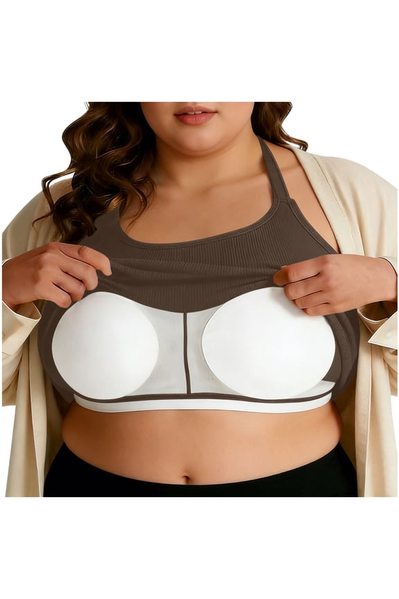 Plus Size Built-In Bra Racerback Tank Top for Women Nursing Maternity Activewear Casual Round Neck Sleeveless Stretchy with Removable Pads, Brown 3XL