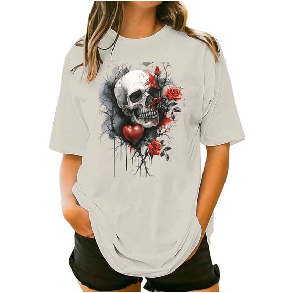 Staron Plus Size Floral Print T-Shirt for Women Casual Short Sleeve Round Neck Loose Fit Comfy Pullover Top, Khaki M