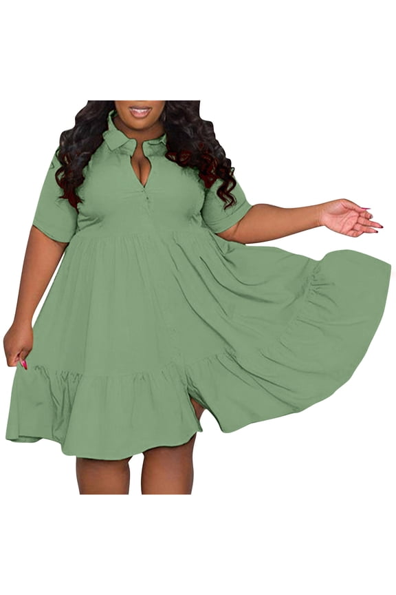 Plus Size Summer Shirt Dress for Women Casual Lapel Button Down Short Sleeve Loose A-Line Work Vacation Travel, Army Green XL