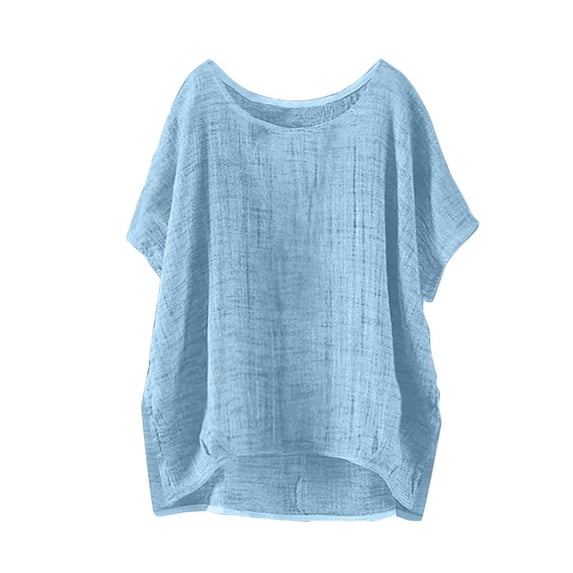 Staron Plus Size Summer T-Shirts for Women Casual Loose Side Slit Round Neck Short Sleeve Solid Blouse, Light Blue 3XL