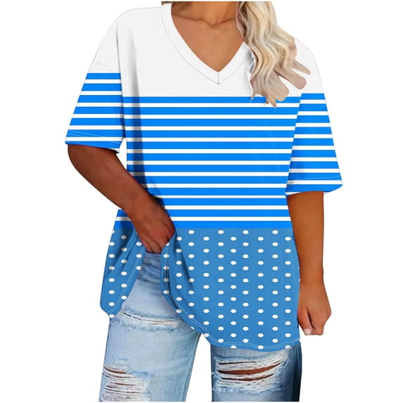 Staron Plus Size Summer T-Shirts for Women Striped Printed V Neck Short Sleeve Casual Loose Oversized Basic Tee, Blue XL