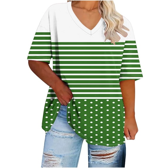Staron Plus Size Summer T-Shirts for Women Striped Printed V Neck Short Sleeve Casual Loose Oversized Basic Tee, Green 4XL
