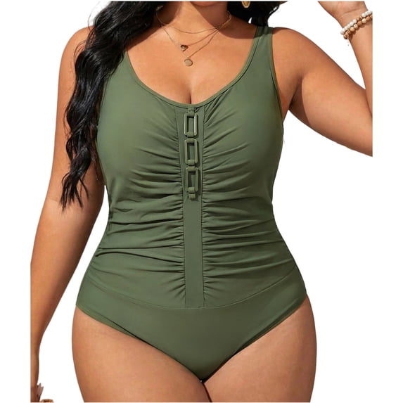 Staron Plus Size Swimsuit for Women Ruched One Piece Bathing Suit Wide Straps Adjustable Side Ties UPF 50+ Sun Protection Swimwear, Army Green 5XL