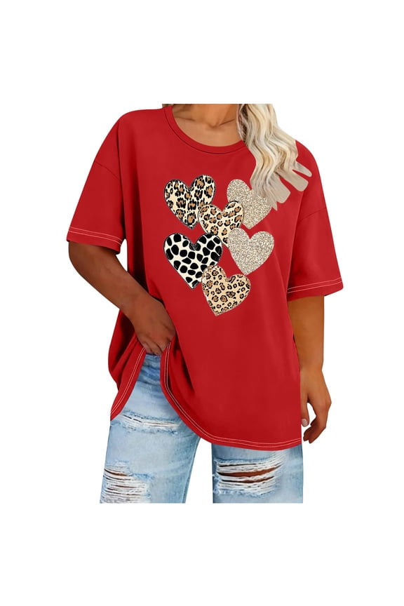Plus Size T-Shirts for Women Casual Heart Print Round Neck Short Sleeve Loose Comfy Spring Summer Basic Tee, Red 4XL