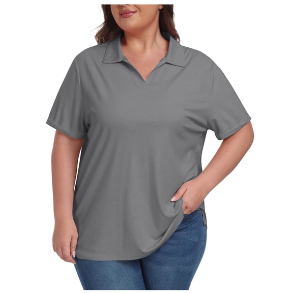 Staron Plus Size Tops for Women Summer Short Sleeve Collared Side Slit Casual Loose Blouse Shirt, Gray L