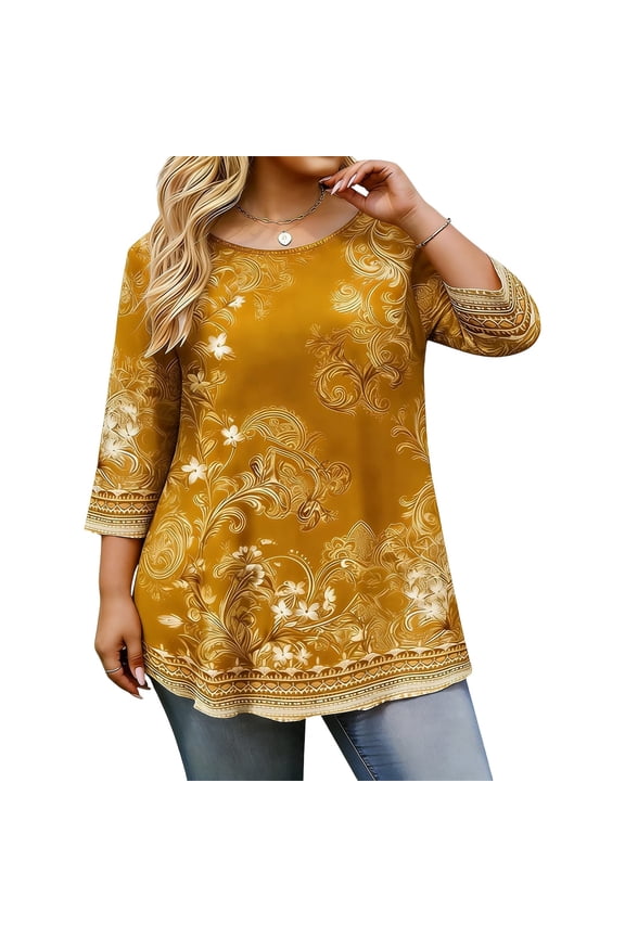 Plus Size Tops for Women Vintage Paisley Printed Bohemian Blouse Loose A-Line Round Neck Three-Quarter Sleeve Casual Tunic Top, Yellow XXL
