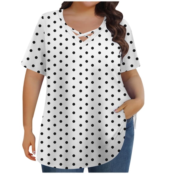 Staron Plus Size V-Neck Blouses for Women Polka Dot Short Sleeve Curved Hem Casual Comfy Fashion Tops Tshirt, White XL