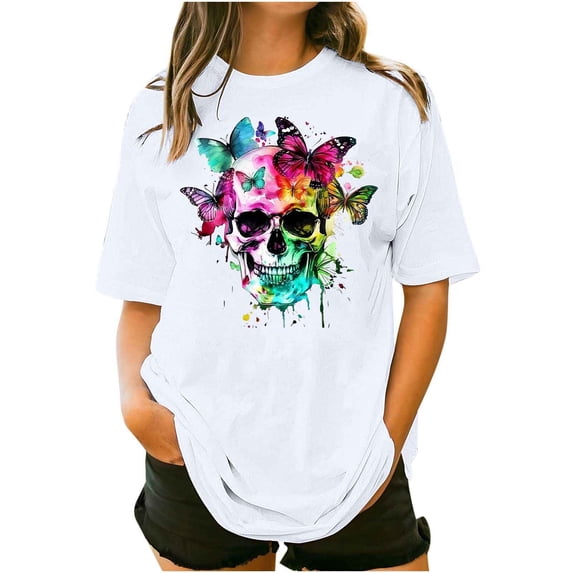 Staron Plus Size Women's Casual Floral Print Short Sleeve Round Neck Loose T-Shirt Top, White 4XL