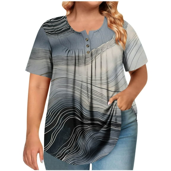 Staron Plus Size Women's Casual Short Sleeve T-Shirt Round Neck Button Up Pleated Print Blouse Loose Comfy Spring Summer Vacation Party, Gray 3XL