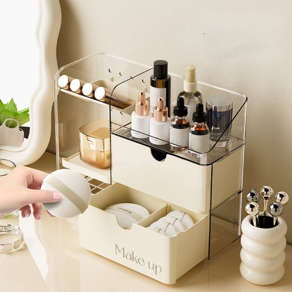Staron Slant Insert Makeup Organizer with Drawers, Adjustable Drawer Organizer for Cosmetics Jewelry, Vanity Countertop Bathroom Cabinet Desk Closet Storage Box, Beige
