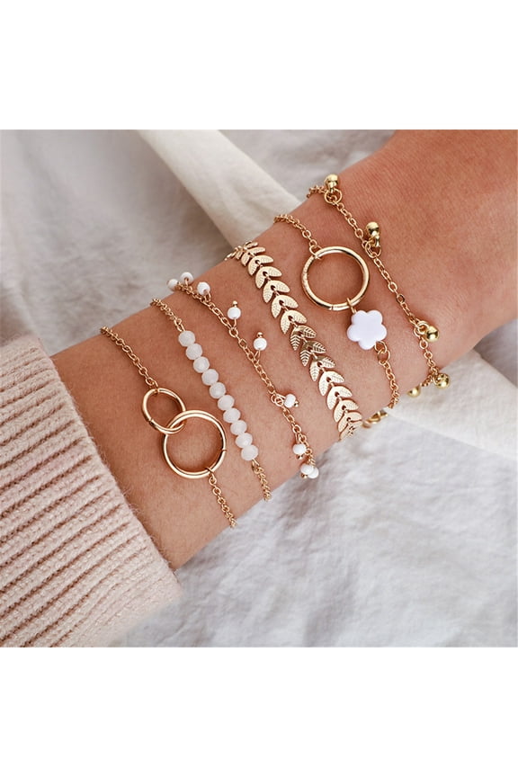 Small Flower Leaf Bracelet Set, 6Pcs Alloy Jewelry for Women Girls Gift, Fashion Bracelets