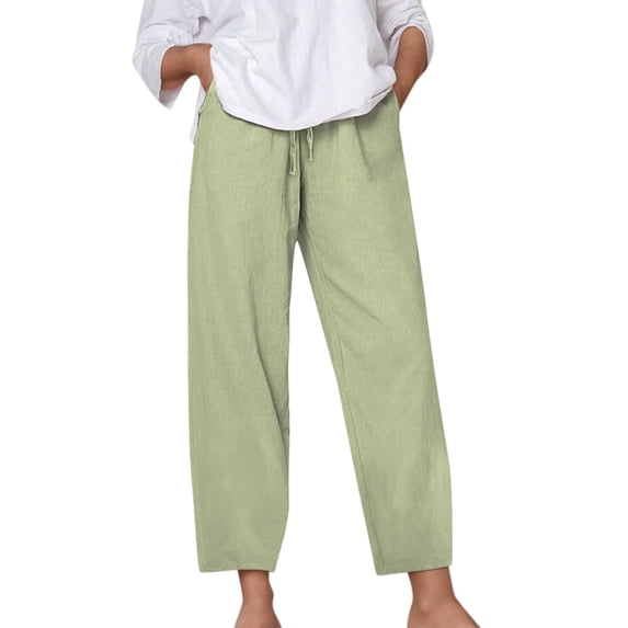 Staron Spring Casual Pants for Women Straight Leg Ankle-Length Linen Drawstring Waist Solid Color Relaxed Comfy Travel Lounge Trousers, Green XL