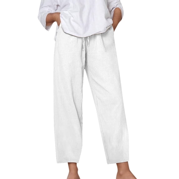 Staron Spring Casual Pants for Women Straight Leg Ankle-Length Linen Drawstring Waist Solid Color Relaxed Comfy Travel Lounge Trousers, White L