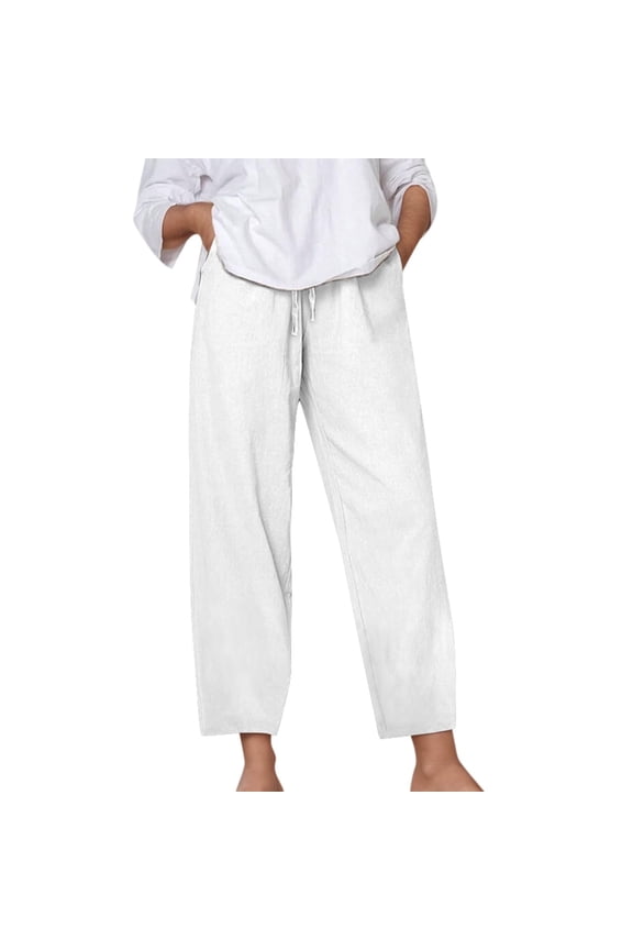 Spring Casual Pants for Women Straight Leg Ankle-Length Linen Drawstring Waist Solid Color Relaxed Comfy Travel Lounge Trousers, White M