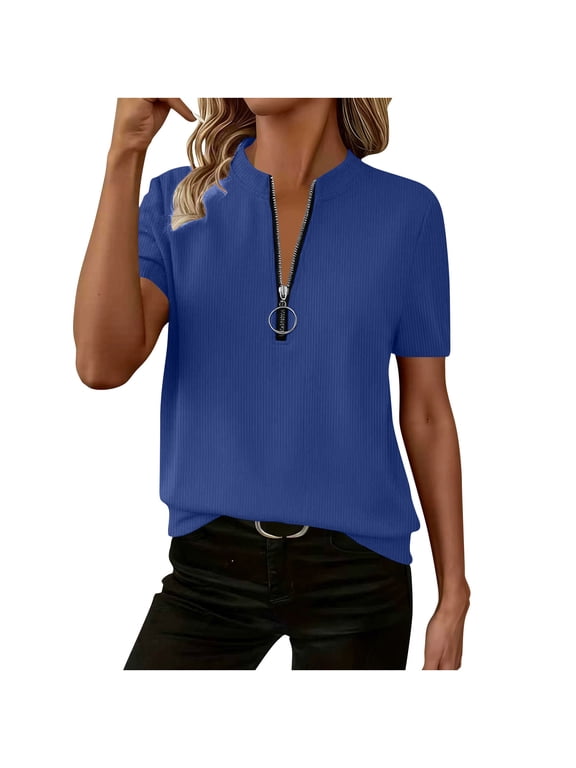 Spring Fall Women's Sweaters Lightweight Casual Short Sleeve Crewneck Pullover Tops Elegant Loose Comfy Layering Shirt, Blue XXL
