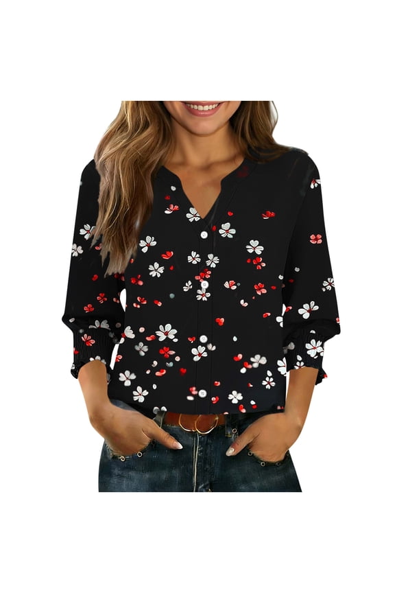 Spring Summer Cardigan for Women Casual Button Up V Neck 3/4 Sleeve Jacket Top Shirt, Black S