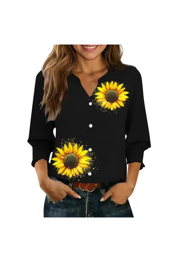 Spring Summer Cardigan for Women Casual V Neck 3/4 Sleeve Button Up Shirt Jacket Top, Black XL