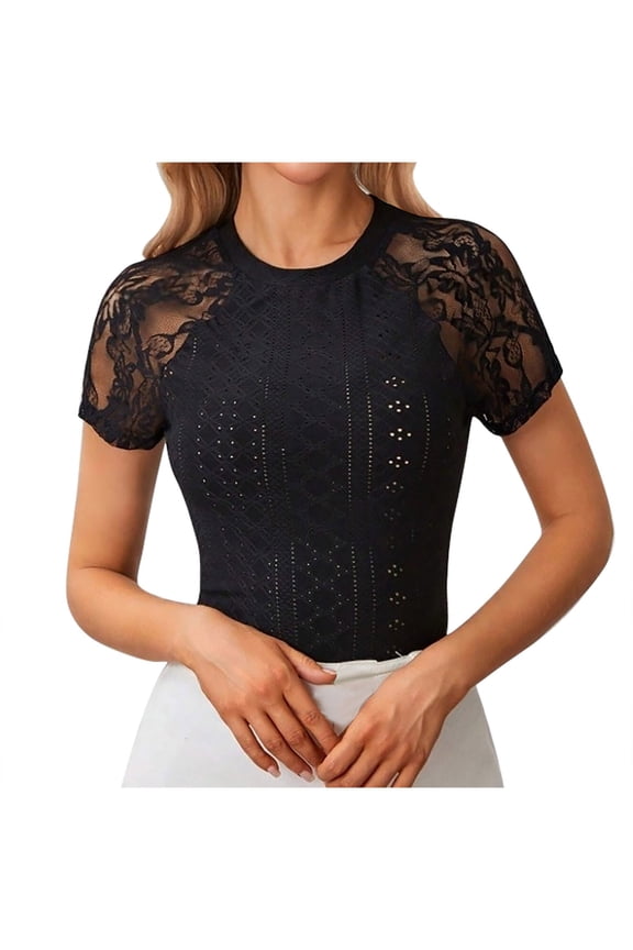 Spring Summer Casual Contrast Lace Raglan Sleeve Short Sleeve Round Neck Top Shirt Fashion Basic Tee, Black XXL