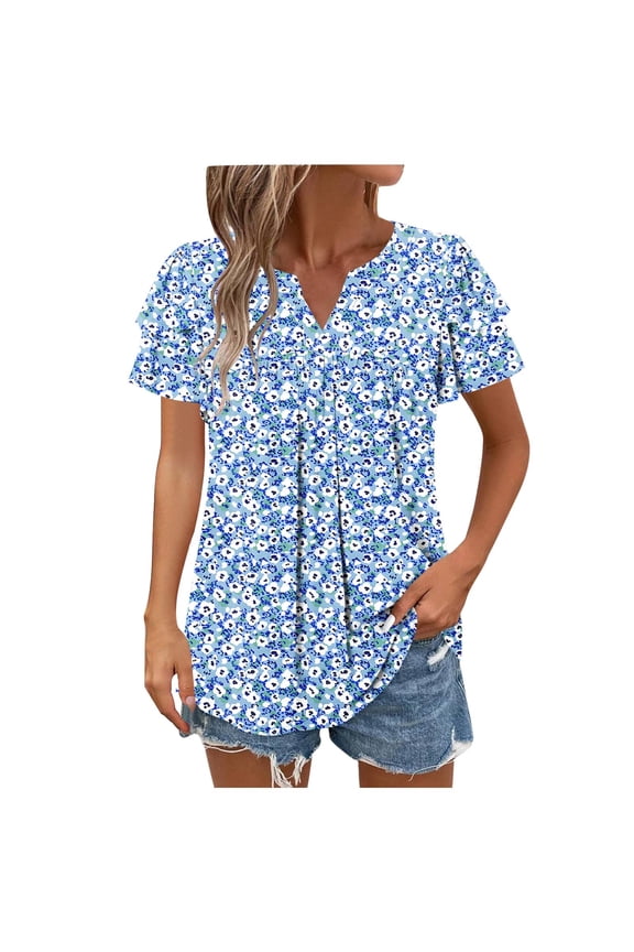 Spring Summer Casual Shirt for Women Vintage Pleated Flutter Sleeve V Neck Short Sleeve Printed Blouse Top, Light Blue XXL